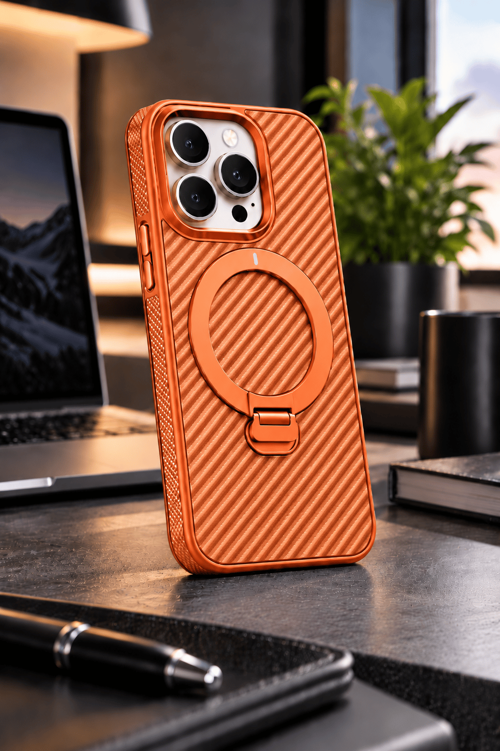iPhone 17 Pro Max Premium Karbon Desenli Standlı Telefon Kılıfı MagSafe Uyumlu Kamera Korumalı - Turuncu