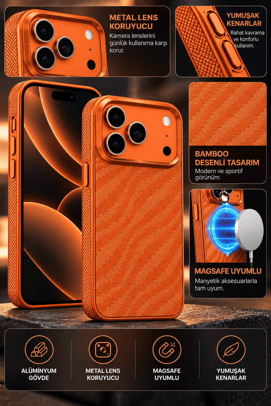 iPhone 17 Pro Max Premium MagSafe Uyumlu Alüminyum Çerçeveli Metal Kamera Korumalı Telefon Kılıfı- Bambu Turuncu