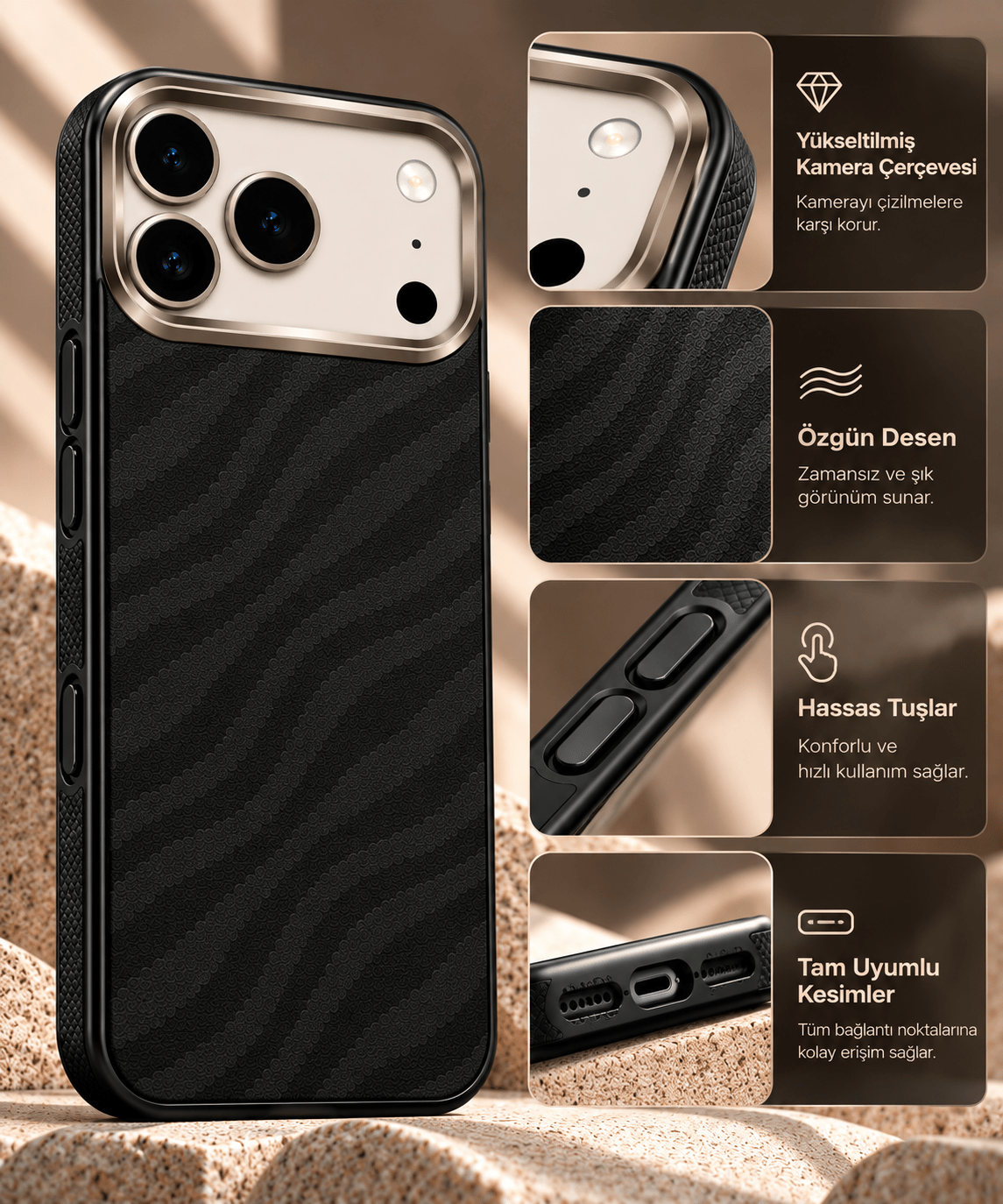 iPhone 17 Pro Max Premium MagSafe Uyumlu Alüminyum Çerçeveli Metal Kamera Korumalı Telefon Kılıfı- Bambu Siyah