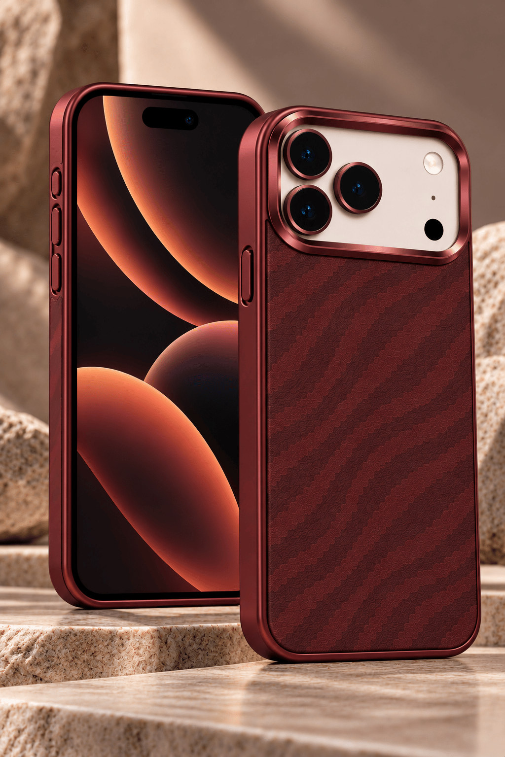 iPhone 17 Pro Max Premium MagSafe Uyumlu Alüminyum Çerçeveli Metal Kamera Korumalı Telefon Kılıfı- Bambu Kırmızı