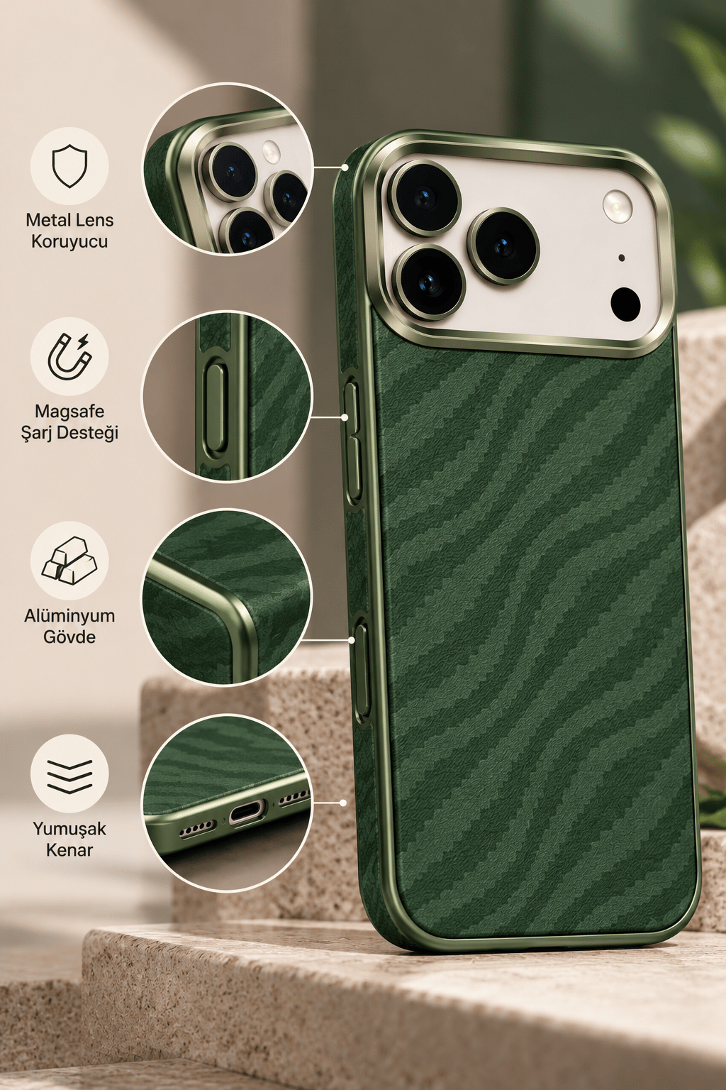 iPhone 17 Pro Max Premium MagSafe Uyumlu Alüminyum Çerçeveli Metal Kamera Korumalı Telefon Kılıfı- Bambu Yeşil