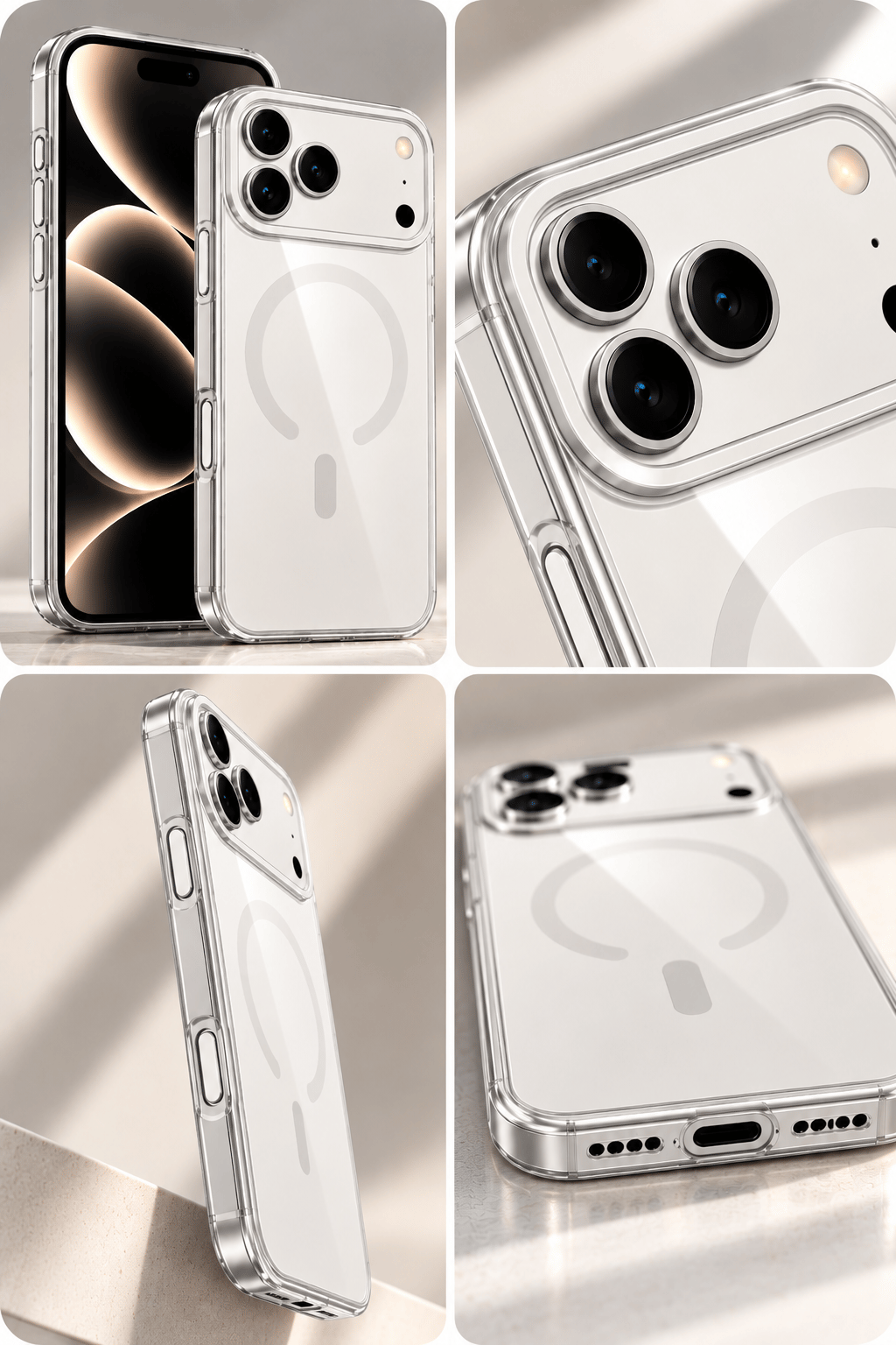 iPhone 17 Pro Max Premium Şeffaf Telefon Kılıfı – Manyetik Halka Detaylı, Sararma Önleyici Tasarım-Beyaz