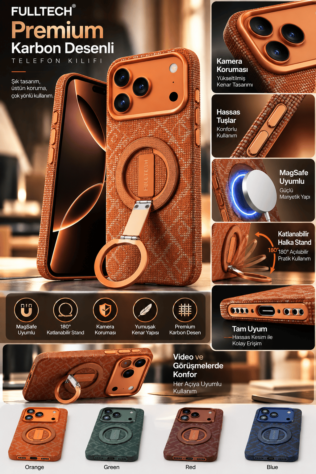 iPhone 17 Pro Max Uyumlu Premium Karbon Desenli MagSafe Kılıf – 180° Katlanabilir Manyetik Halka Standlı, Kamera Korumalı, Turuncu