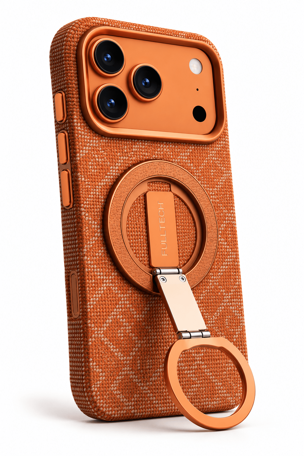 iPhone 17 Pro Max Uyumlu Premium Karbon Desenli MagSafe Kılıf – 180° Katlanabilir Manyetik Halka Standlı, Kamera Korumalı, Turuncu