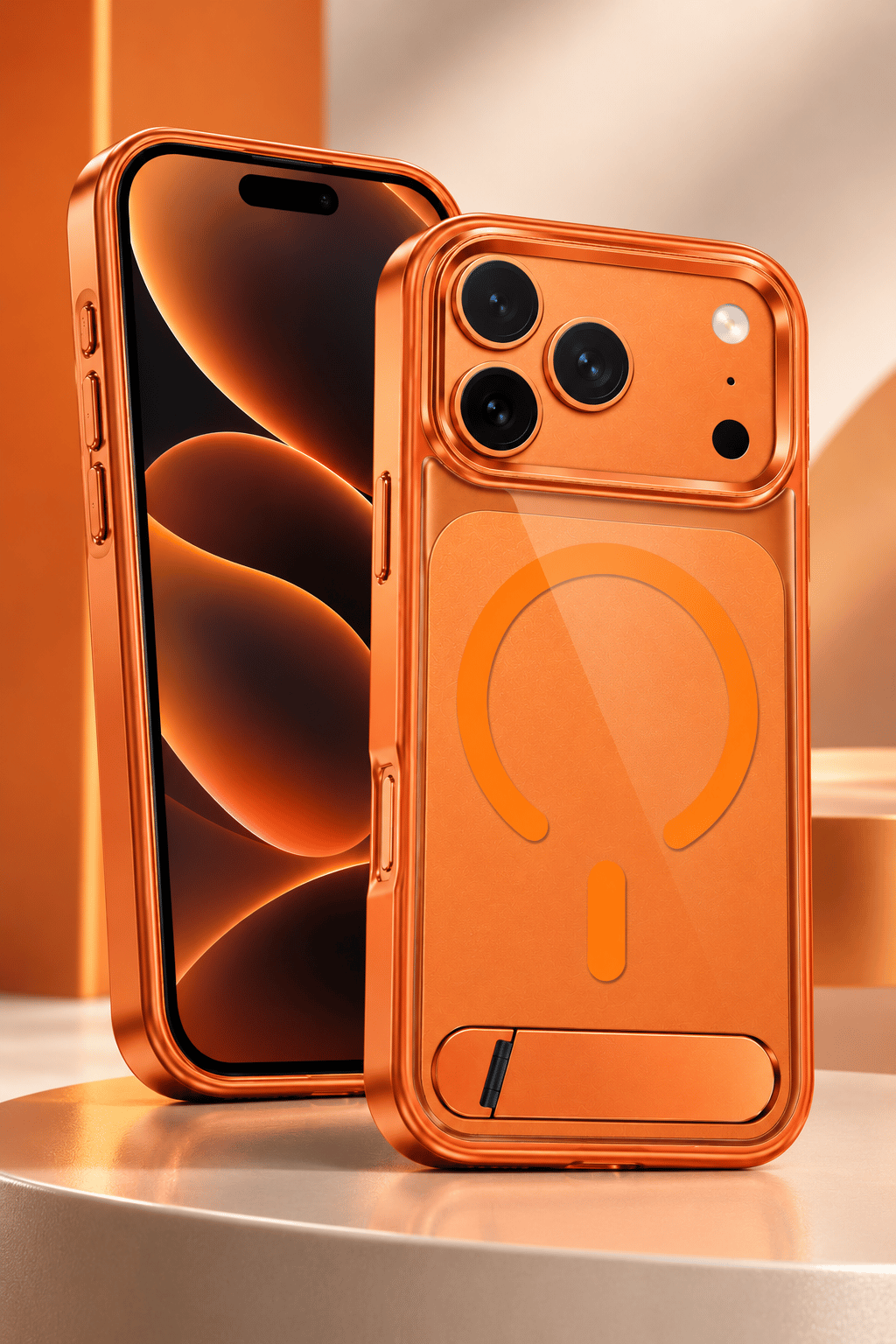 iPhone 17 Pro Max Uyumlu Premium MagSafe Destekli Standlı Kamera Korumalı Telefon Kılıfı-Turuncu
