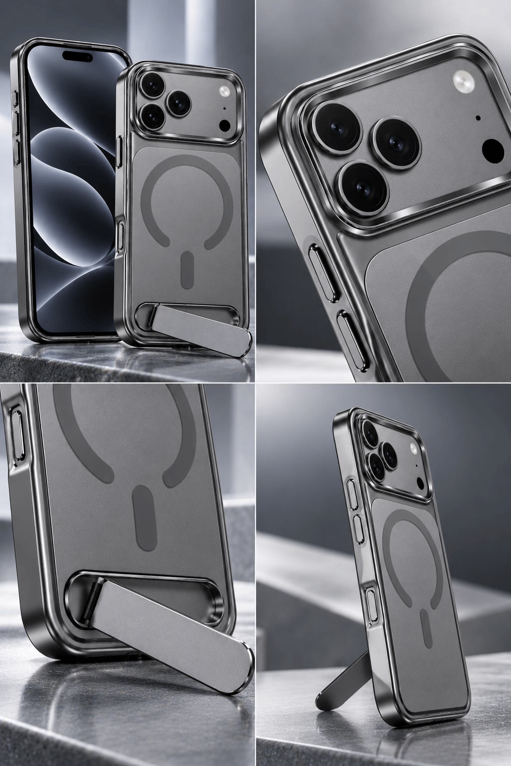 iPhone 17 Pro Max Uyumlu Premium MagSafe Destekli Standlı Kamera Korumalı Telefon Kılıfı-Gri