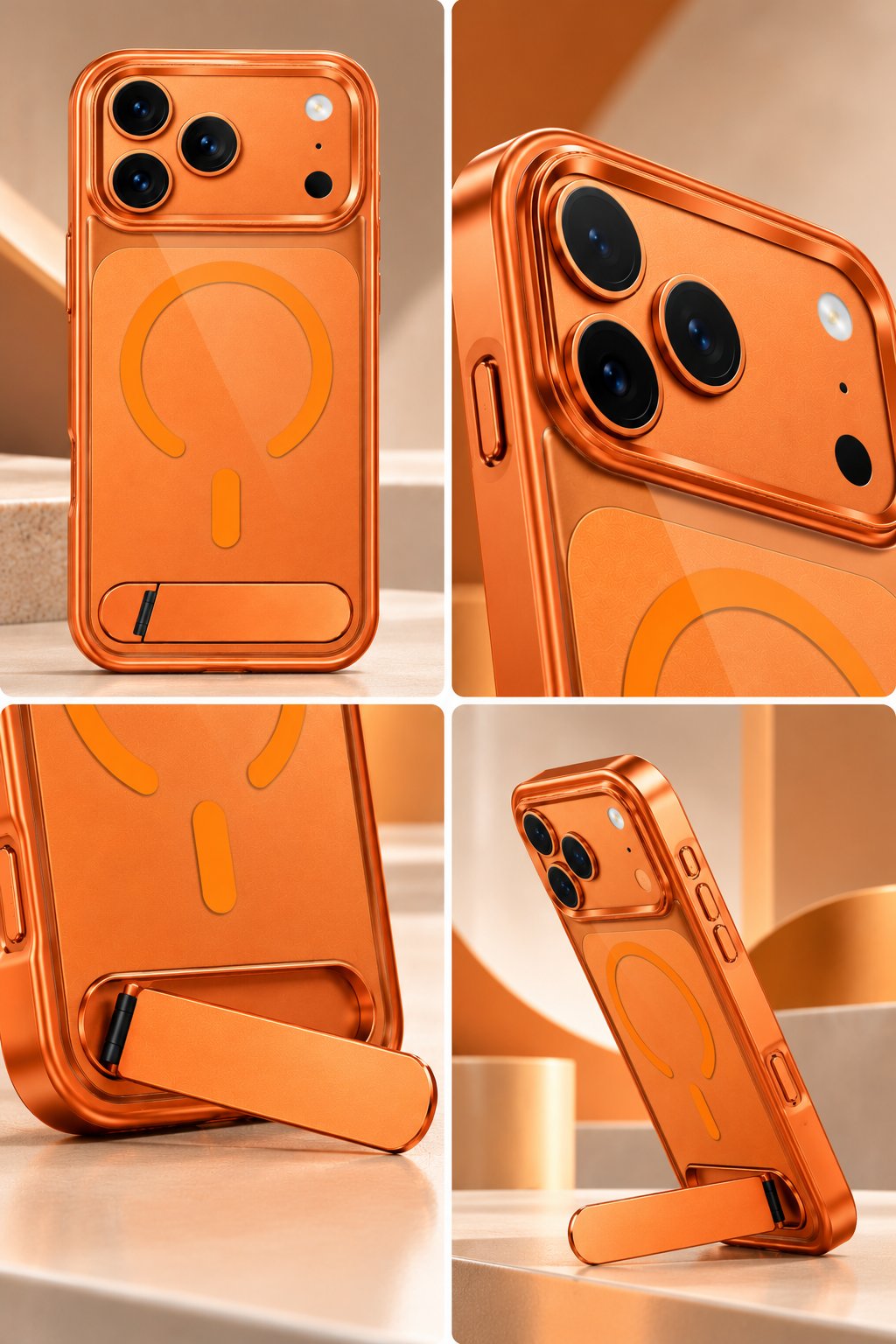 iPhone 17 Pro Max Uyumlu Premium MagSafe Destekli Standlı Kamera Korumalı Telefon Kılıfı-Turuncu