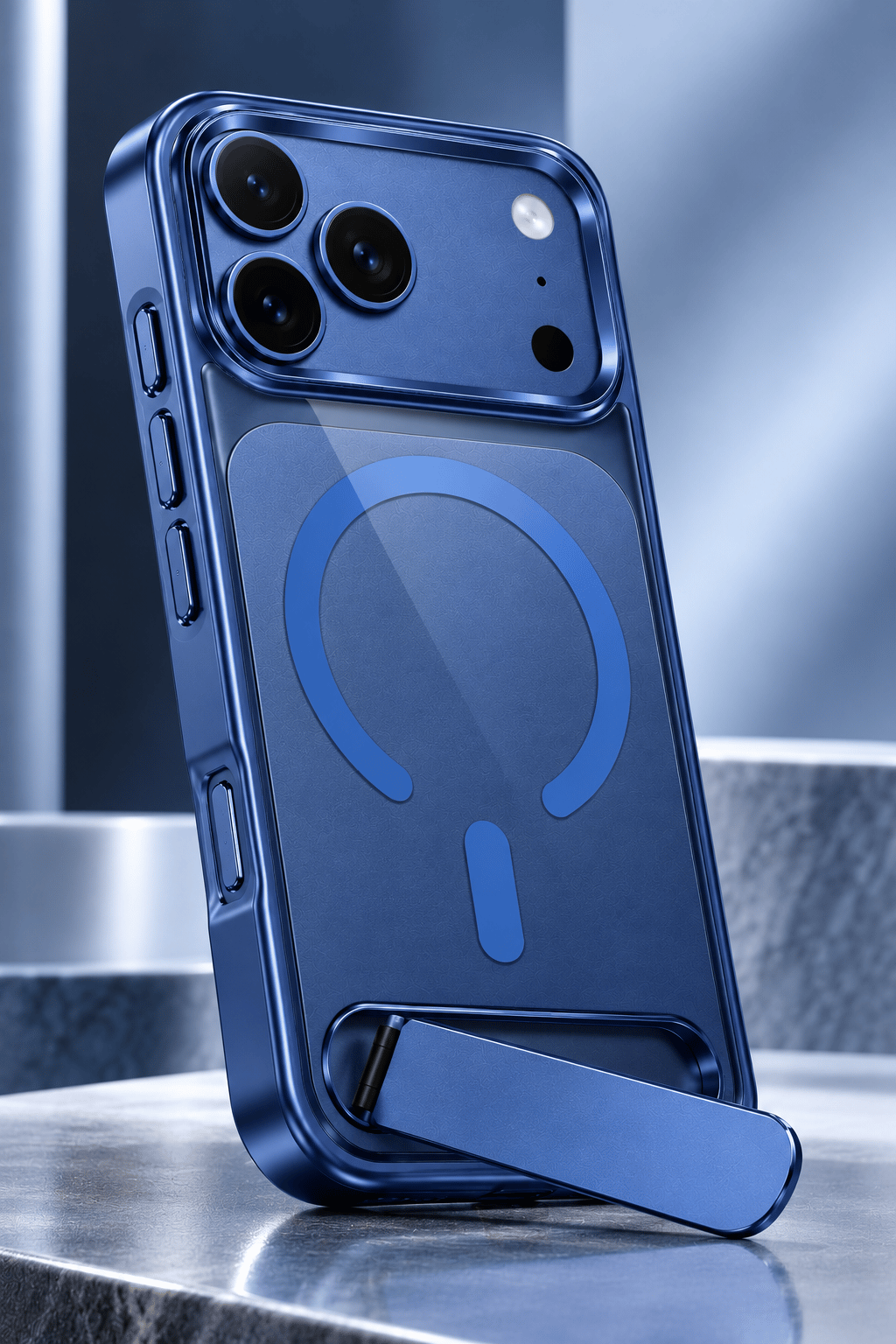 iPhone 17 Pro Max Uyumlu Premium MagSafe Destekli Standlı Kamera Korumalı Telefon Kılıfı-Mavi