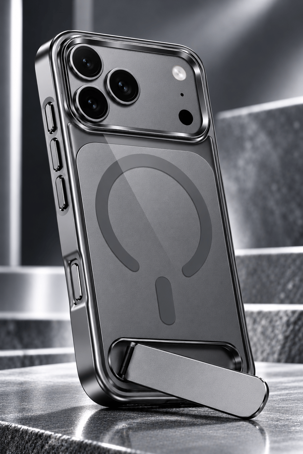 iPhone 17 Pro Max Uyumlu Premium MagSafe Destekli Standlı Kamera Korumalı Telefon Kılıfı-Gri