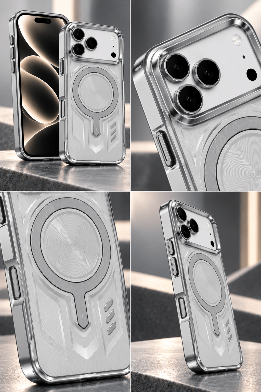 iPhone 17 Pro Max Zırhlı Tasarım MagSafe Uyumlu Kamera Korumalı Telefon Kılıfı –Gri