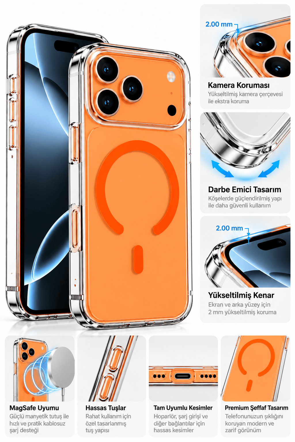 iphone 17 Pro Premium Şeffaf MagSafe Telefon Kılıfı – Güçlü Manyetik Şarj Destekli, Darbe Emici, 2 mm Yükseltilmiş Kenar, Kamera Korumalı – Orange