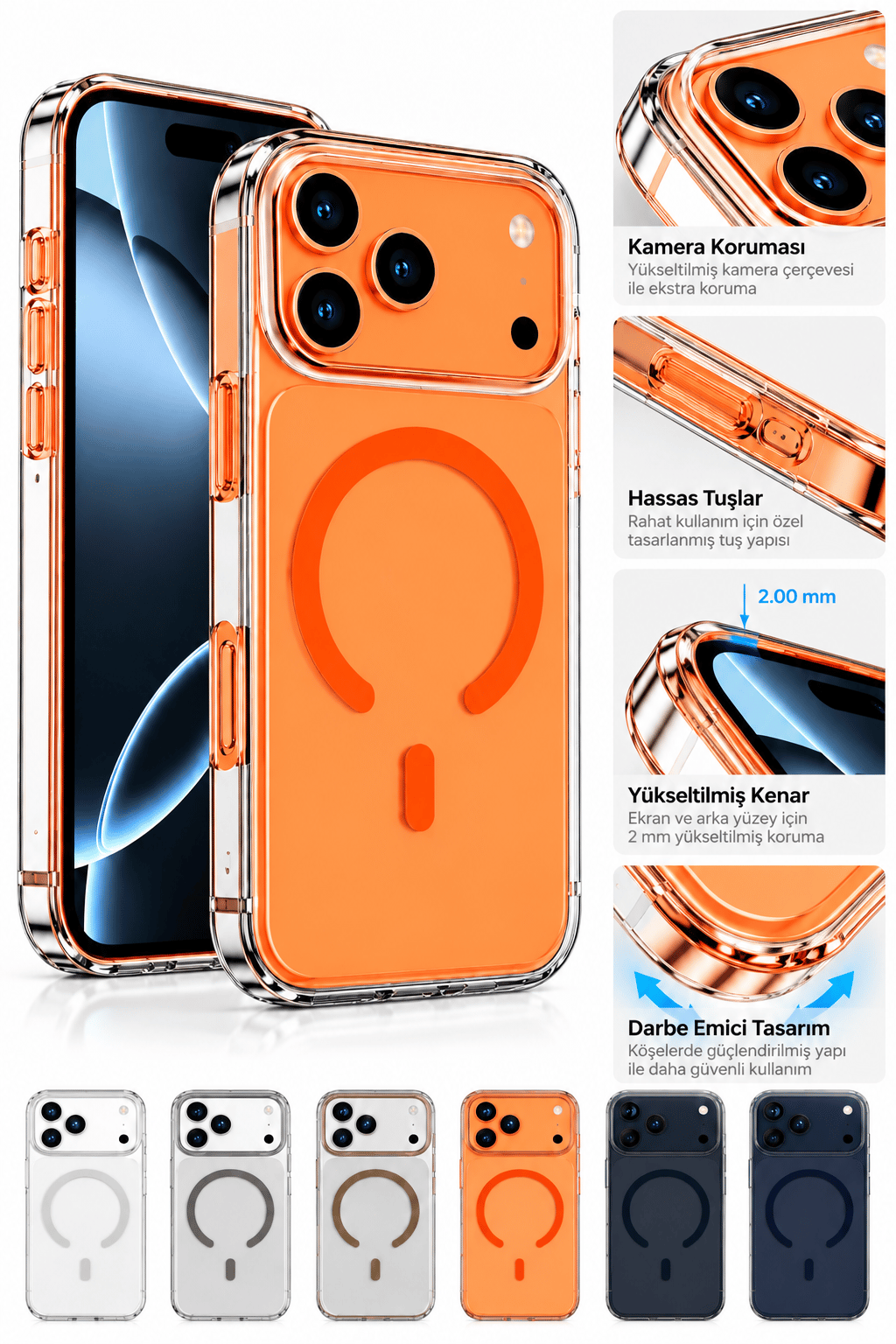 iphone 17 Pro Premium Şeffaf MagSafe Telefon Kılıfı – Güçlü Manyetik Şarj Destekli, Darbe Emici, 2 mm Yükseltilmiş Kenar, Kamera Korumalı – Orange