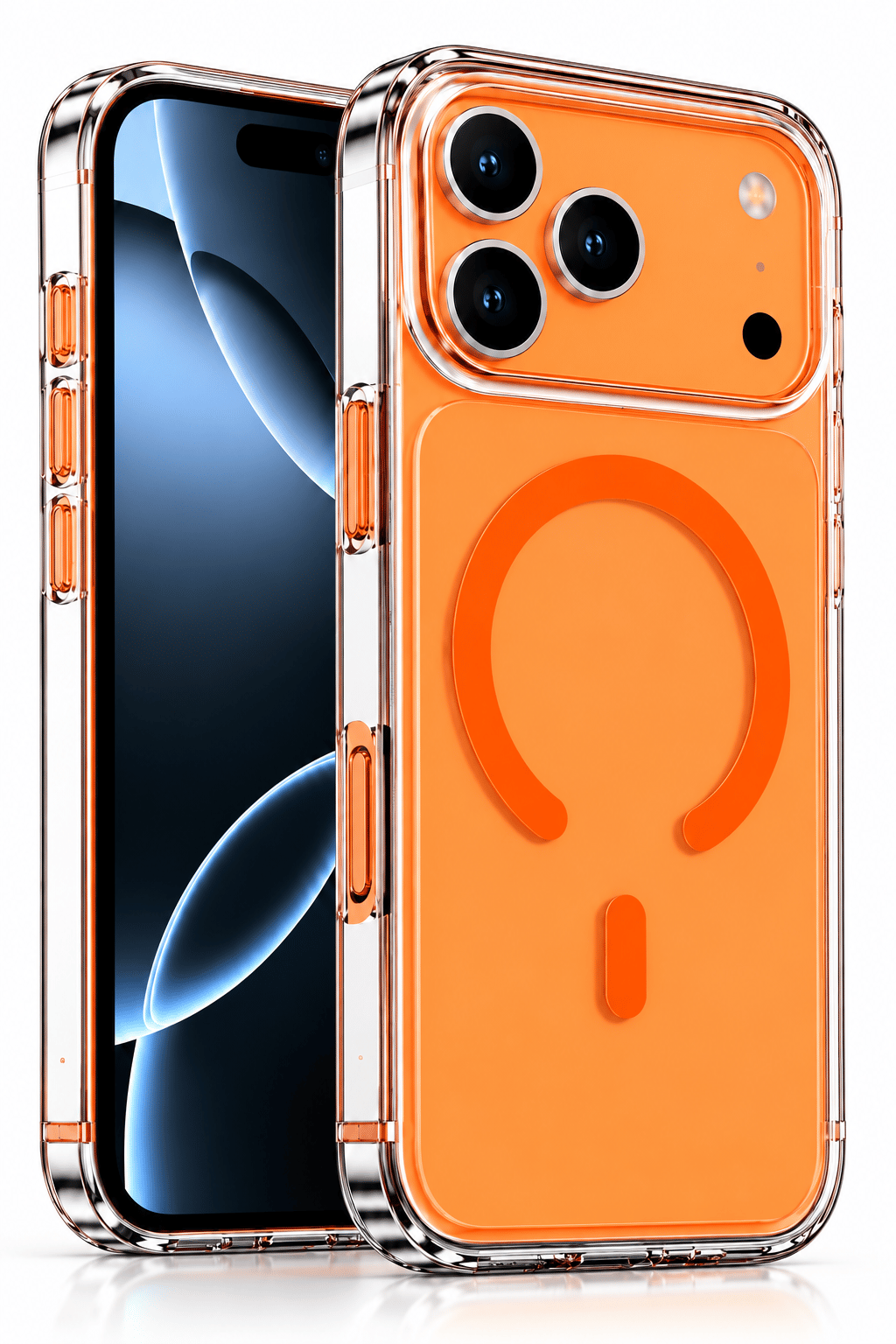 iphone 17 Pro Premium Şeffaf MagSafe Telefon Kılıfı – Güçlü Manyetik Şarj Destekli, Darbe Emici, 2 mm Yükseltilmiş Kenar, Kamera Korumalı – Orange