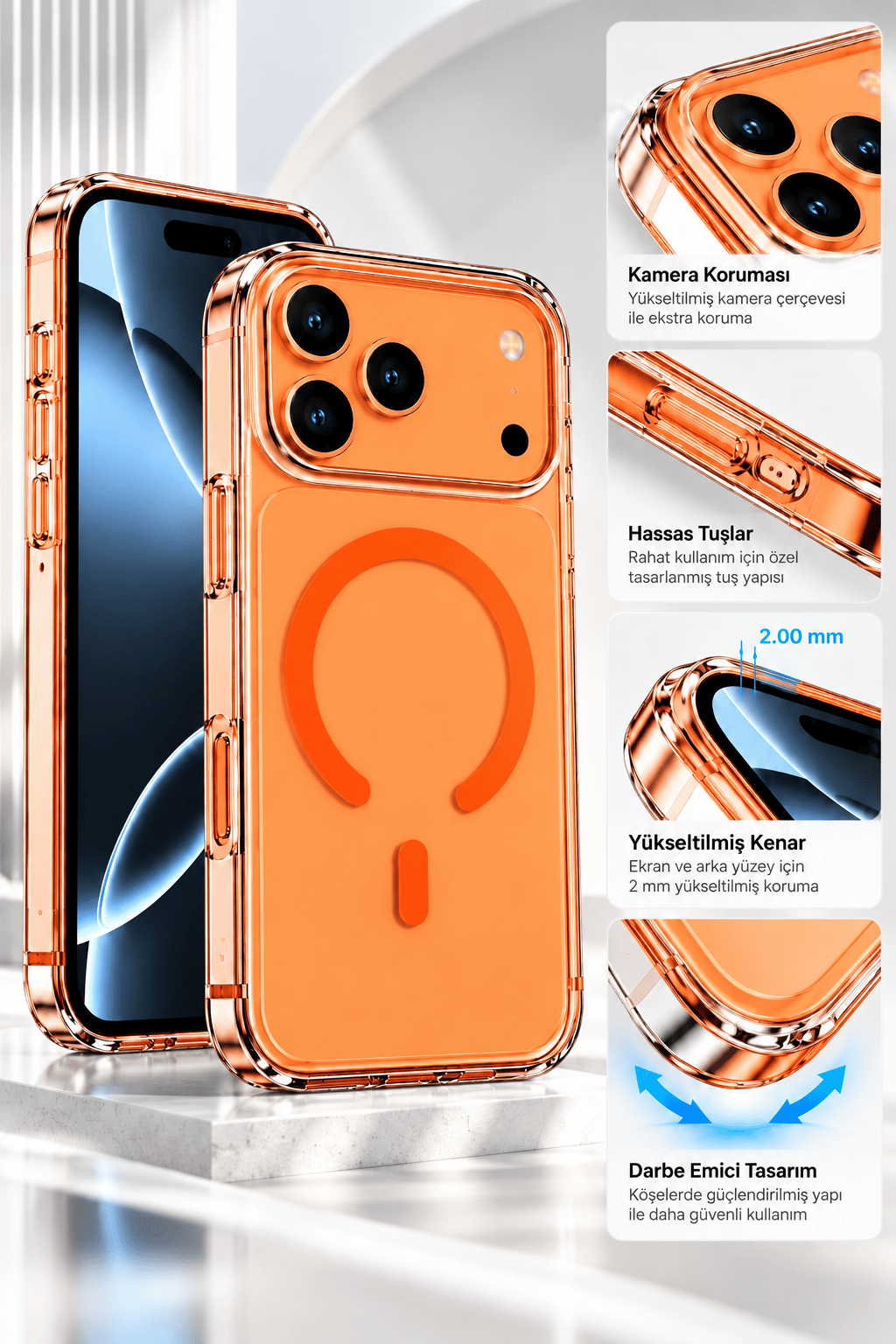 iphone 17 Pro Premium Şeffaf MagSafe Telefon Kılıfı – Güçlü Manyetik Şarj Destekli, Darbe Emici, 2 mm Yükseltilmiş Kenar, Kamera Korumalı – Orange