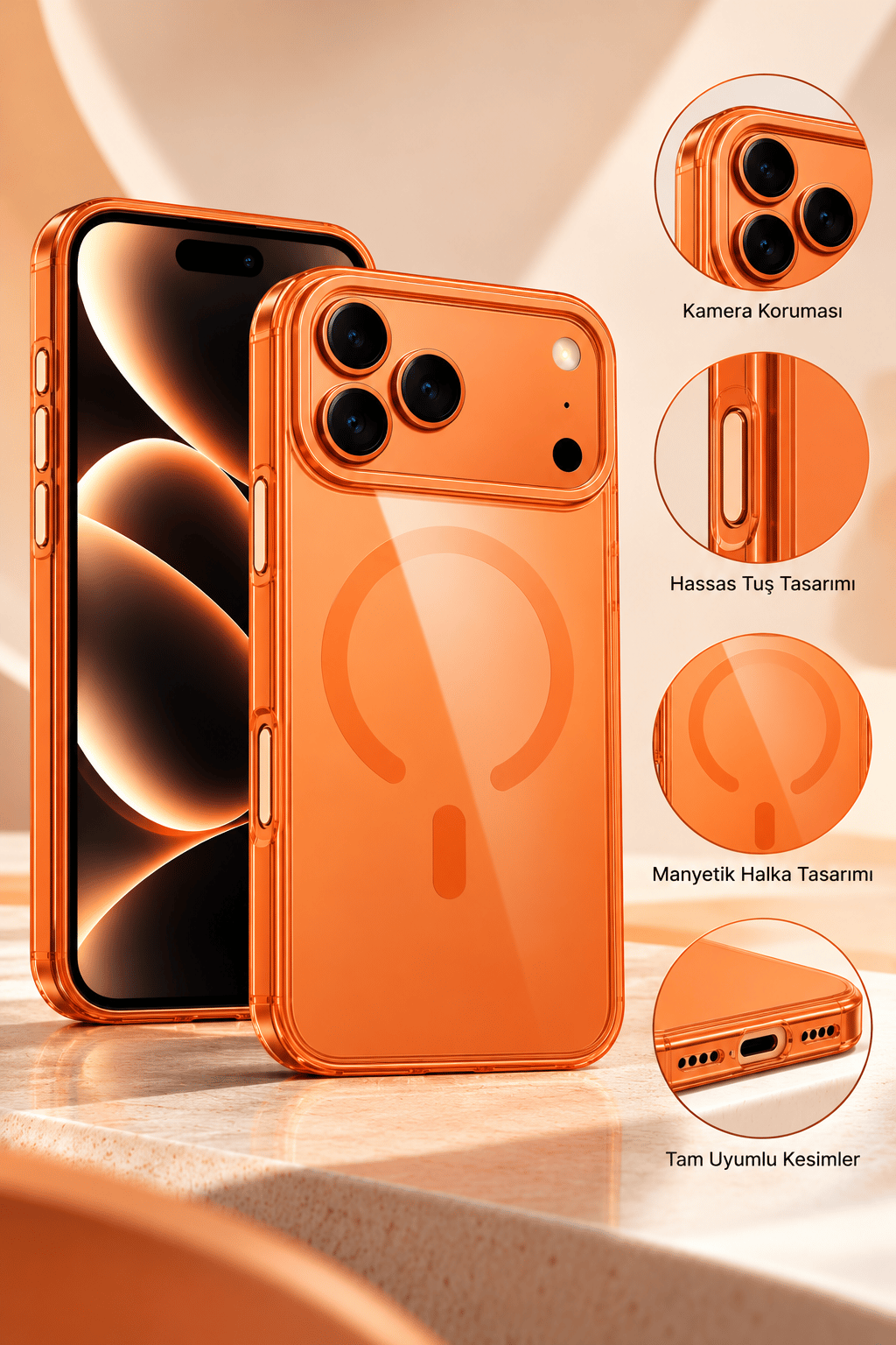 iPhone 17 Pro Premium Şeffaf Telefon Kılıfı – Manyetik Halka Detaylı, Sararma Önleyici Tasarım-Turuncu