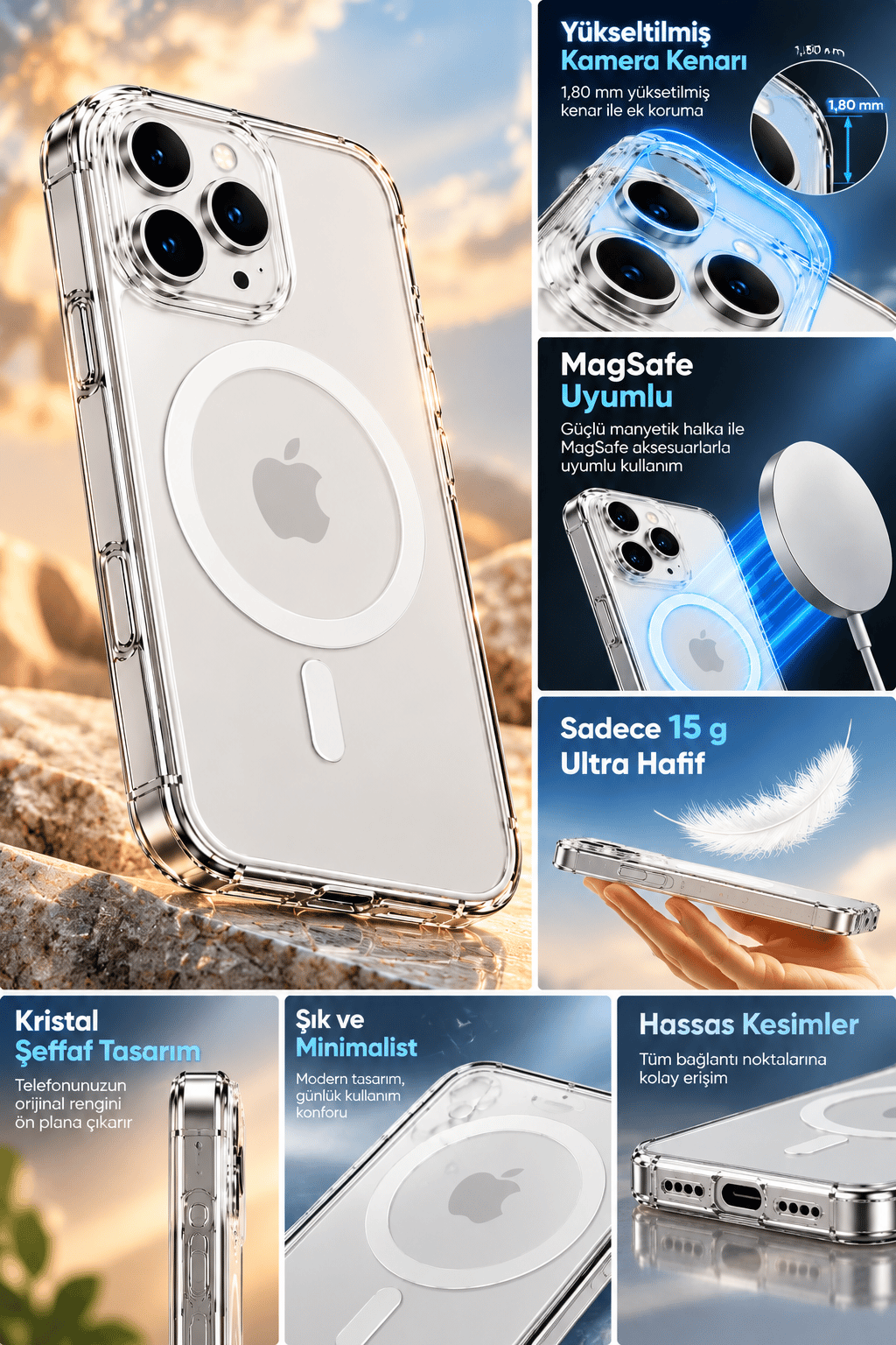 iphone 17 Pro Premium Şeffaf Telefon Kılıfı MagSafe Uyumlu | 15 g Ağırlıkla Ultra Hafif | Kamera Kenarı Korumalı