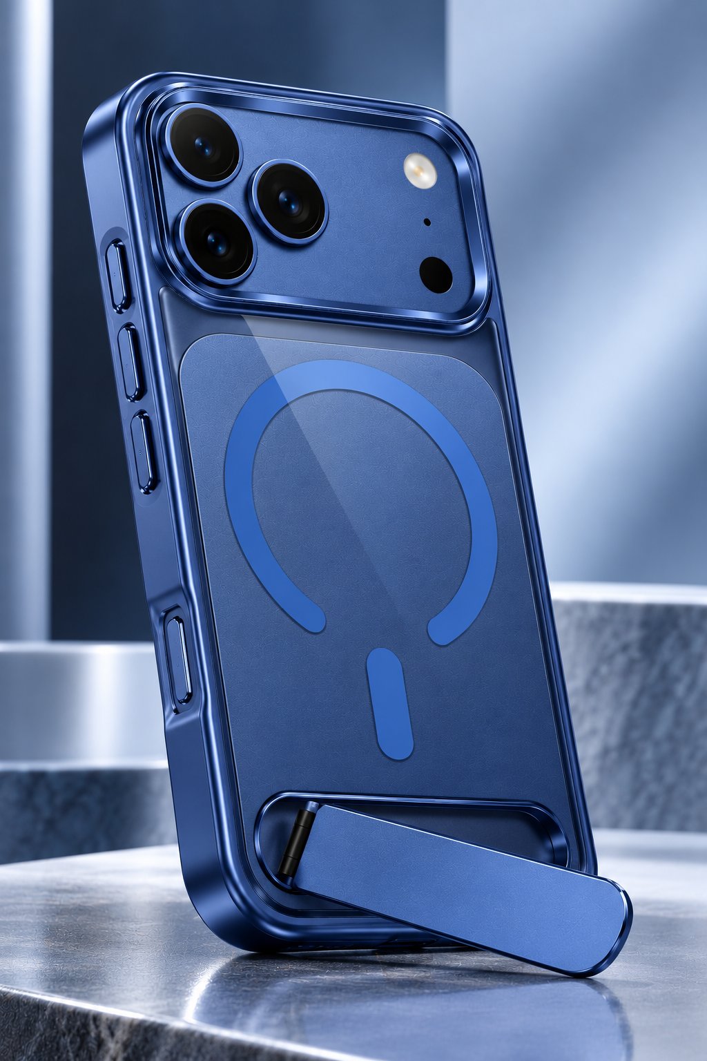 iPhone 17 Pro Uyumlu Premium MagSafe Destekli Standlı Kamera Korumalı Telefon Kılıfı-Mavi