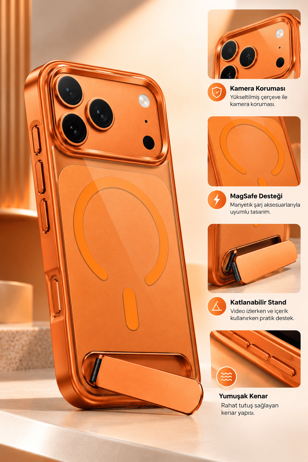 iPhone 17 Pro Uyumlu Premium MagSafe Destekli Standlı Kamera Korumalı Telefon Kılıfı-Turuncu