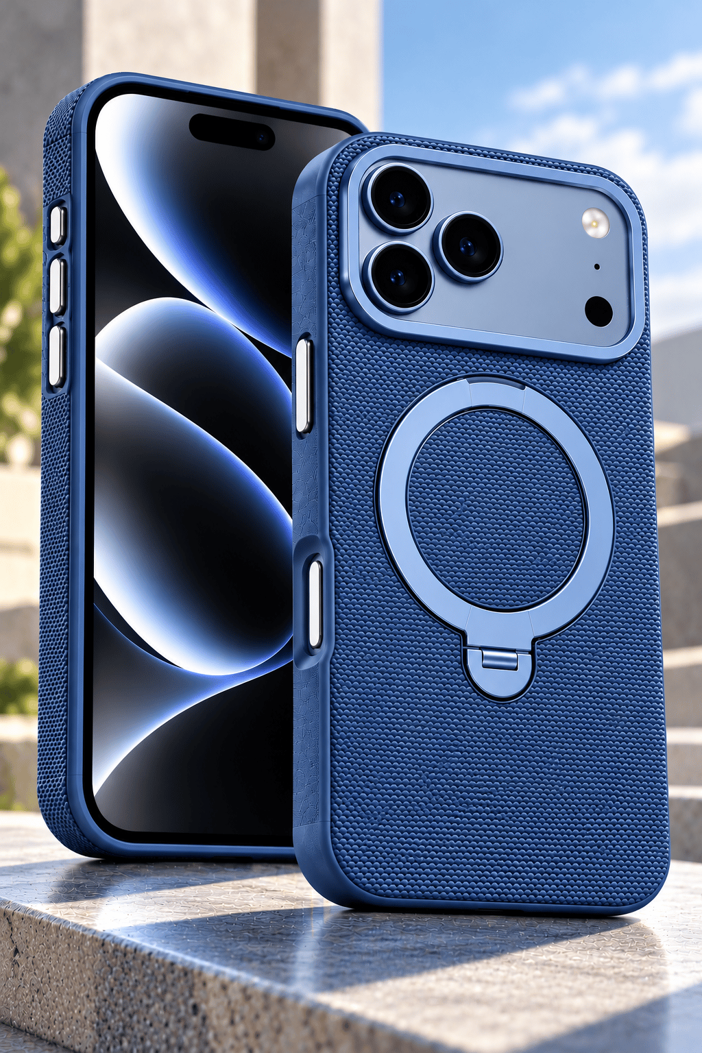 iPhone 18 Pro 360° Döner Manyetik Halkalı Standlı MagSafe Uyumlu Telefon Kılıfı - Mavi