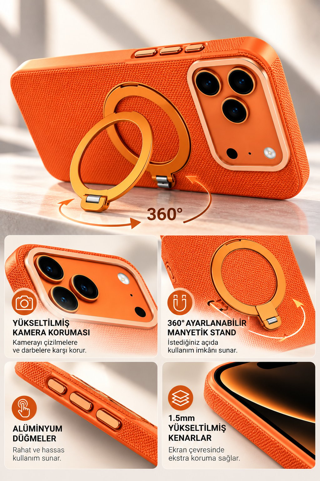 iPhone 18 Pro 360° Döner Manyetik Halkalı Standlı MagSafe Uyumlu Telefon Kılıfı - Turuncu