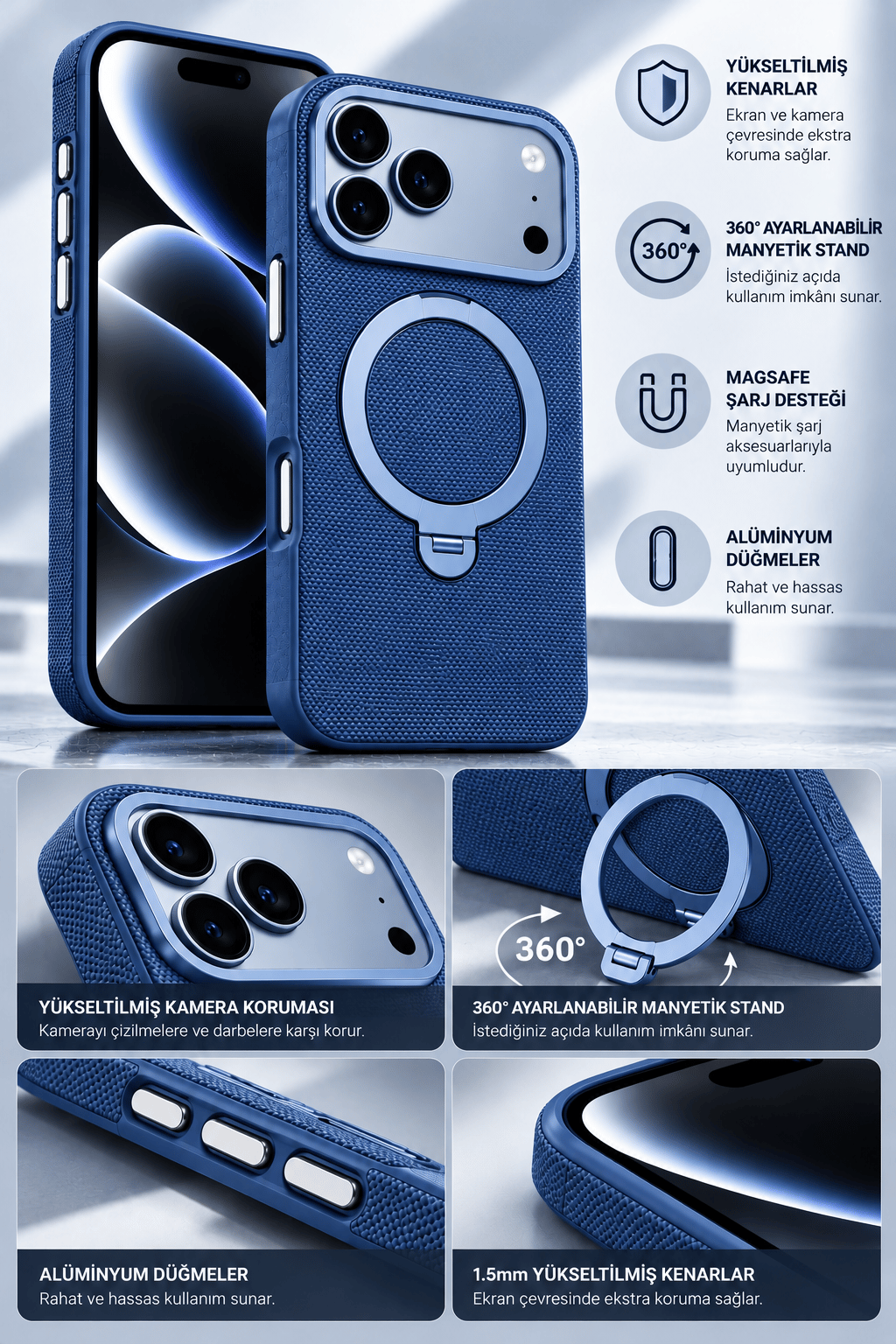 iPhone 18 Pro 360° Döner Manyetik Halkalı Standlı MagSafe Uyumlu Telefon Kılıfı - Mavi