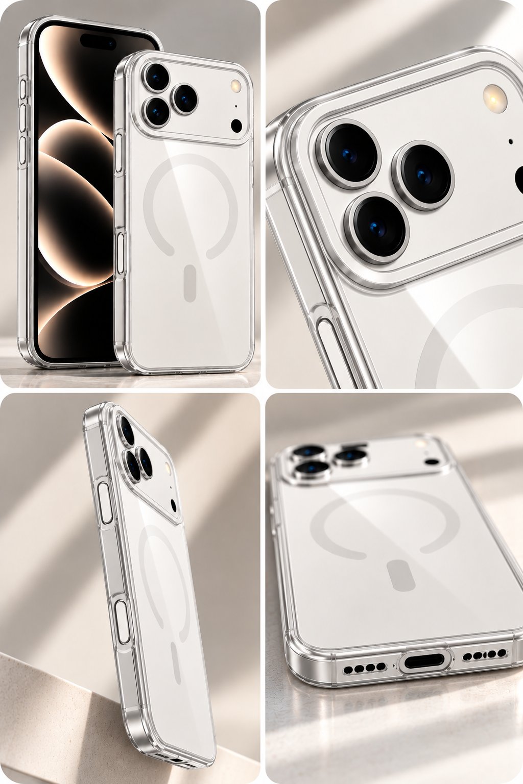iPhone 18 Pro Max Premium Şeffaf Telefon Kılıfı – Manyetik Halka Detaylı, Sararma Önleyici Tasarım-Beyaz