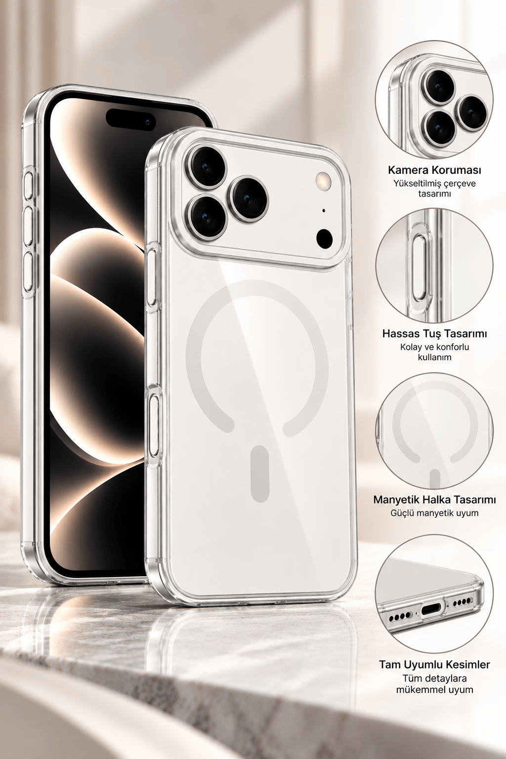 iPhone 18 Pro Max Premium Şeffaf Telefon Kılıfı – Manyetik Halka Detaylı, Sararma Önleyici Tasarım-Beyaz