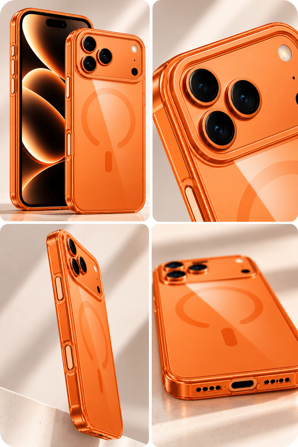 iPhone 18 Pro Premium Şeffaf Telefon Kılıfı – Manyetik Halka Detaylı, Sararma Önleyici Tasarım-Turuncu