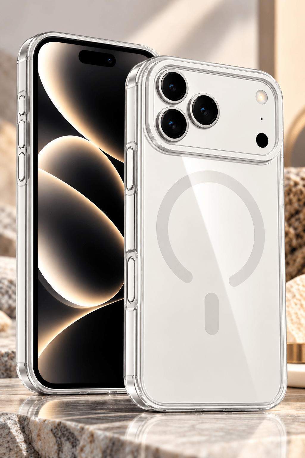 iPhone 18 Pro Premium Şeffaf Telefon Kılıfı – Manyetik Halka Detaylı, Sararma Önleyici Tasarım-Beyaz