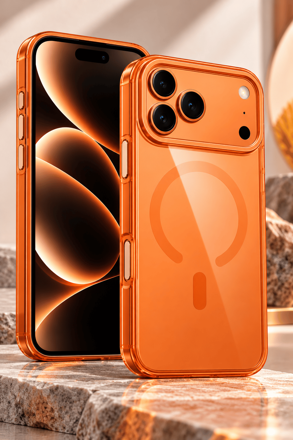 iPhone 18 Pro Premium Şeffaf Telefon Kılıfı – Manyetik Halka Detaylı, Sararma Önleyici Tasarım-Turuncu