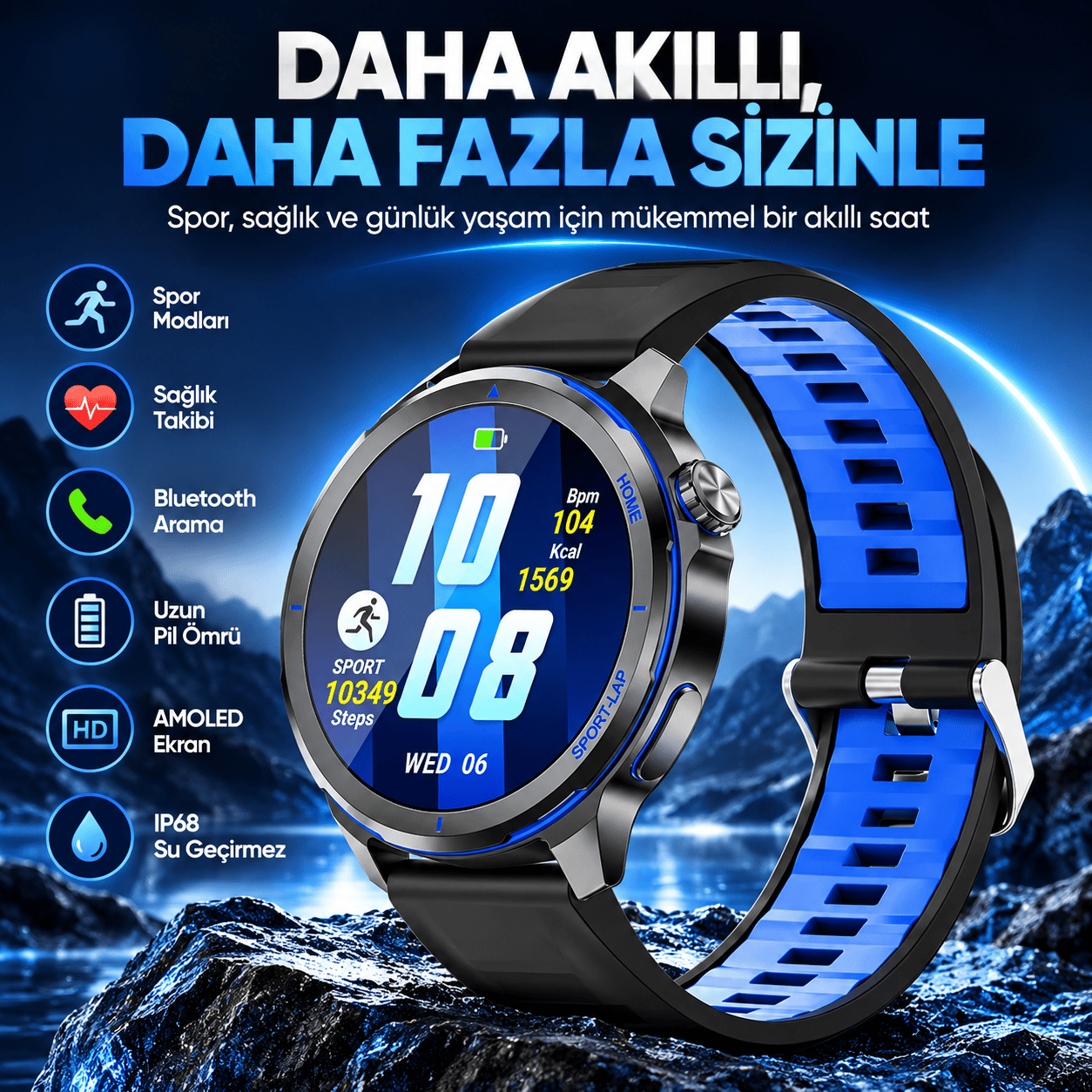 Kalobee SK58 Premium Akıllı Saat 1.53” – Bluetooth Arama & Çağrı Cevaplama, AI Sesli Asistan, Kalp Ritmi, Uyku ve Spor Takibi, IP68-Mavi