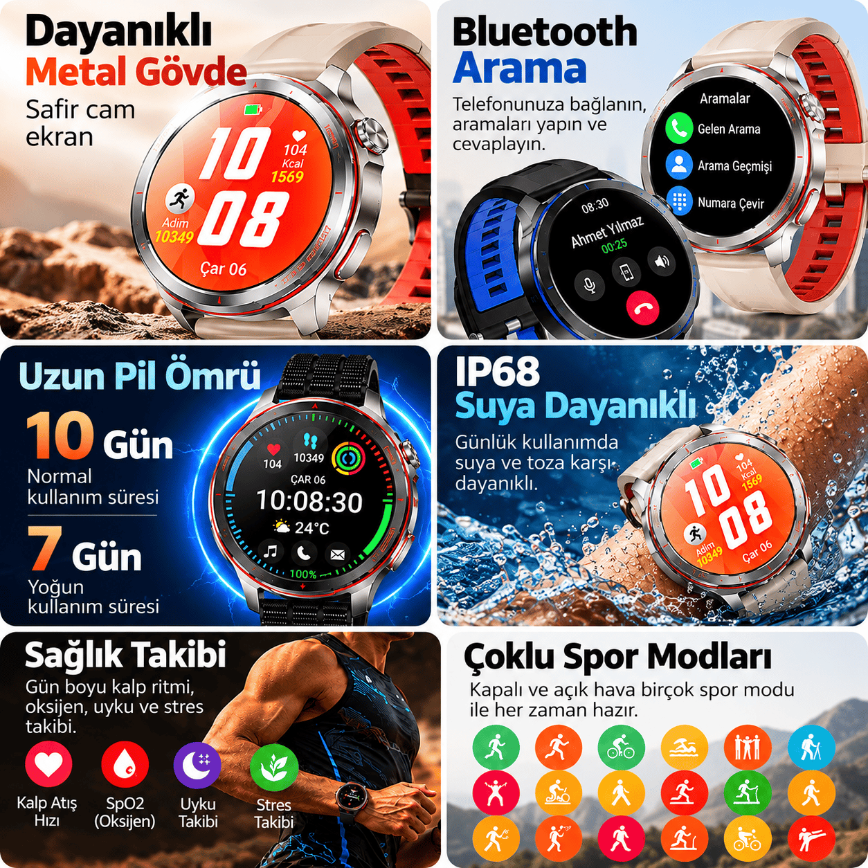 Kalobee SK58 Premium Akıllı Saat 1.53” – Bluetooth Arama & Çağrı Cevaplama, AI Sesli Asistan, Kalp Ritmi, Uyku ve Spor Takibi, IP68-Siyah