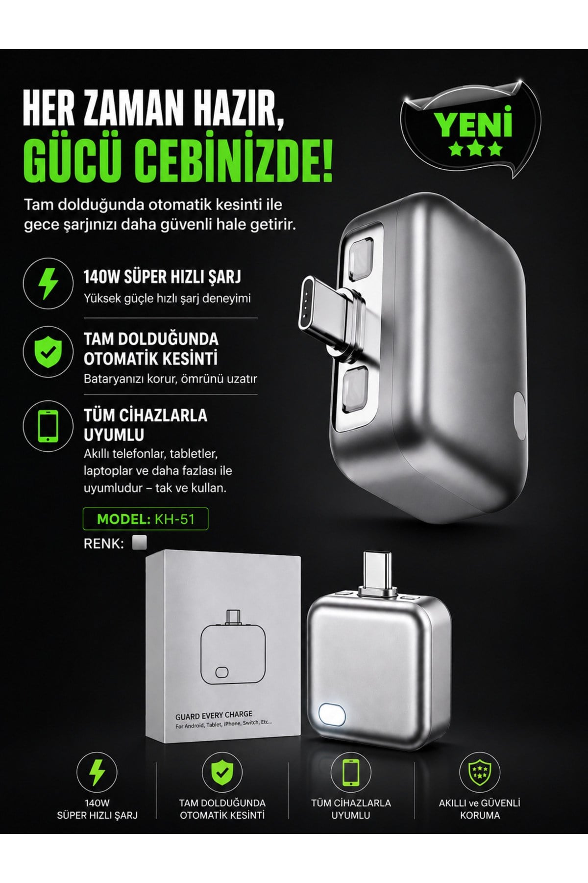 KH-51 140W USB-C Akıllı Şarj Kesici | Otomatik Güç Kesme Adaptörü