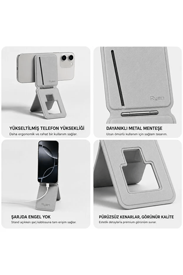 MagSafe Cüzdan Kartlık Güçlü Manyetik 360° Döner Standlı Telefon Kartlığı iPhone Uyumlu Deri Cüzdan Gri