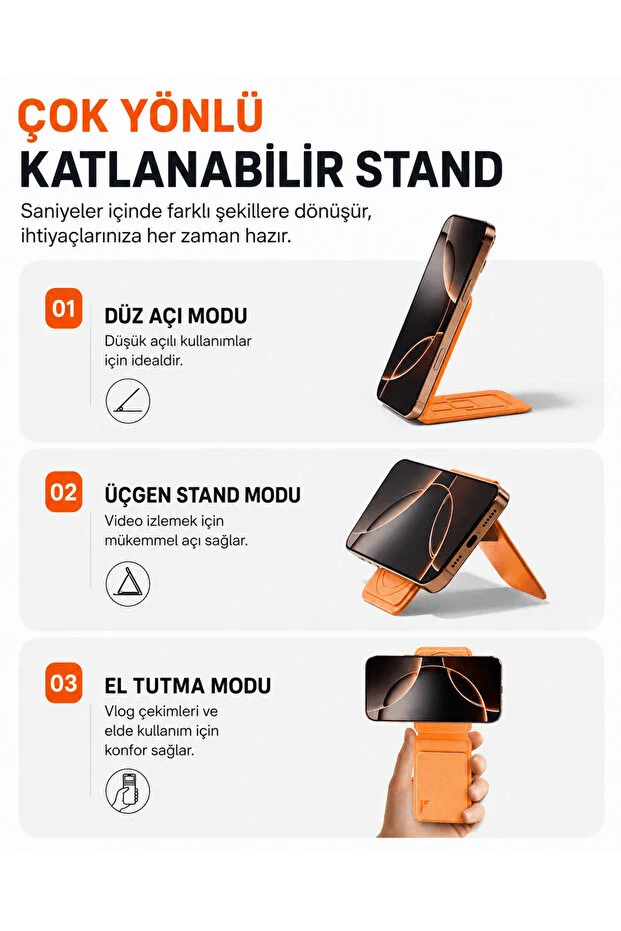 MagSafe Cüzdan Kartlık Güçlü Manyetik 360° Döner Standlı Telefon Kartlığı iPhone Uyumlu Deri Cüzdan Turuncu