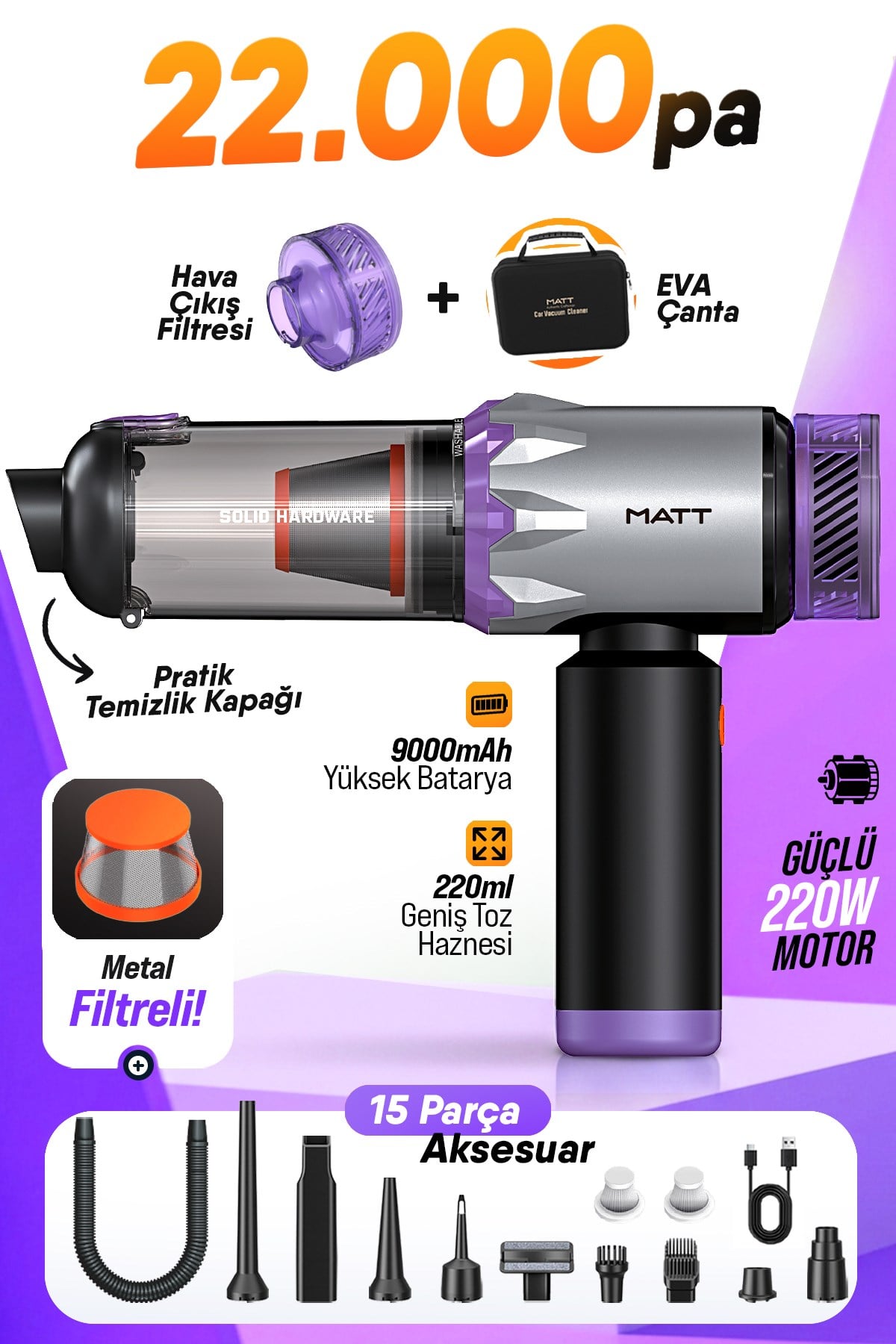 MATT MCV22 9000mAh Güçlü Bataryalı Araç Süpürgesi 22.000Pa Kablosuz Şarjlı El Tipi 220W Vakum & Üfleme Mor