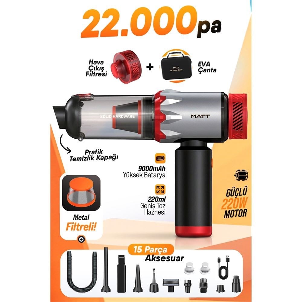 MATT MCV22 9000mAh Güçlü Bataryalı Araç Süpürgesi 22.000Pa Kablosuz Şarjlı El Tipi 220W Vakum & Üfleme Gri
