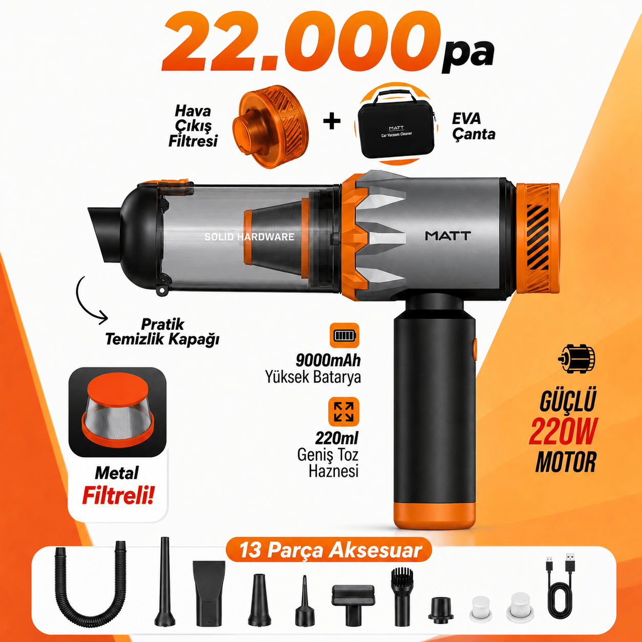 MATT MCV22 9000mAh Güçlü Bataryalı Araç Süpürgesi 22.000Pa Kablosuz Şarjlı El Tipi 220W Vakum & Üfleme Turuncu