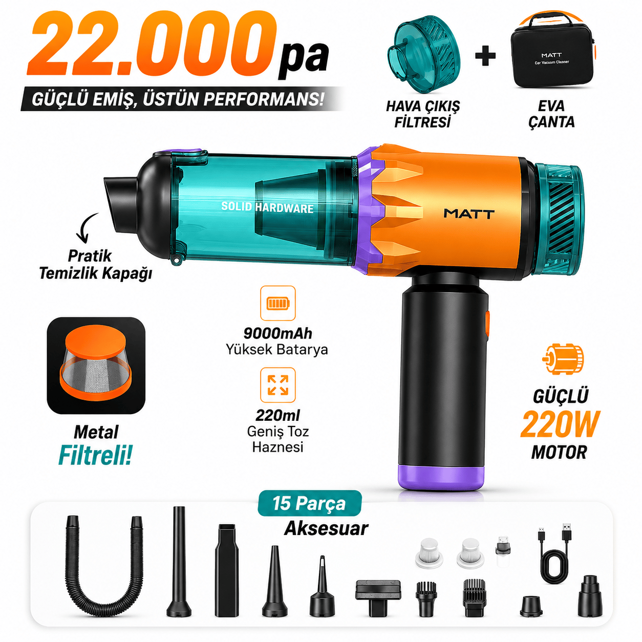 MATT MCV22 9000mAh Güçlü Bataryalı Araç Süpürgesi 22.000Pa Kablosuz Şarjlı El Tipi 220W Vakum & Üfleme Sarı