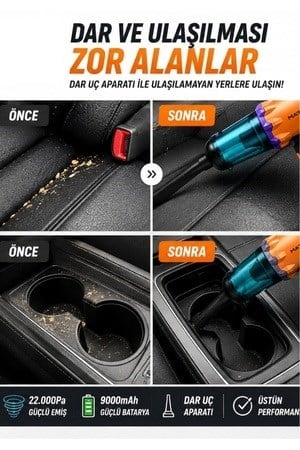 MATT MCV22 9000mAh Güçlü Bataryalı Araç Süpürgesi 22.000Pa Kablosuz Şarjlı El Tipi 220W Vakum & Üfleme Sarı