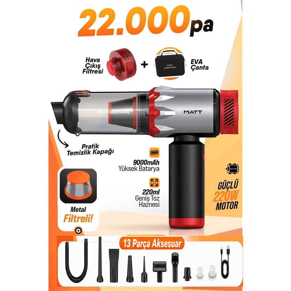 MATT MCV22 9000mAh Güçlü Bataryalı Araç Süpürgesi 22.000Pa Kablosuz Şarjlı El Tipi 220W Vakum & Üfleme Kırmızı