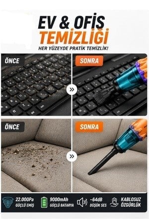 MATT MCV22 9000mAh Güçlü Bataryalı Araç Süpürgesi 22.000Pa Kablosuz Şarjlı El Tipi 220W Vakum & Üfleme Sarı