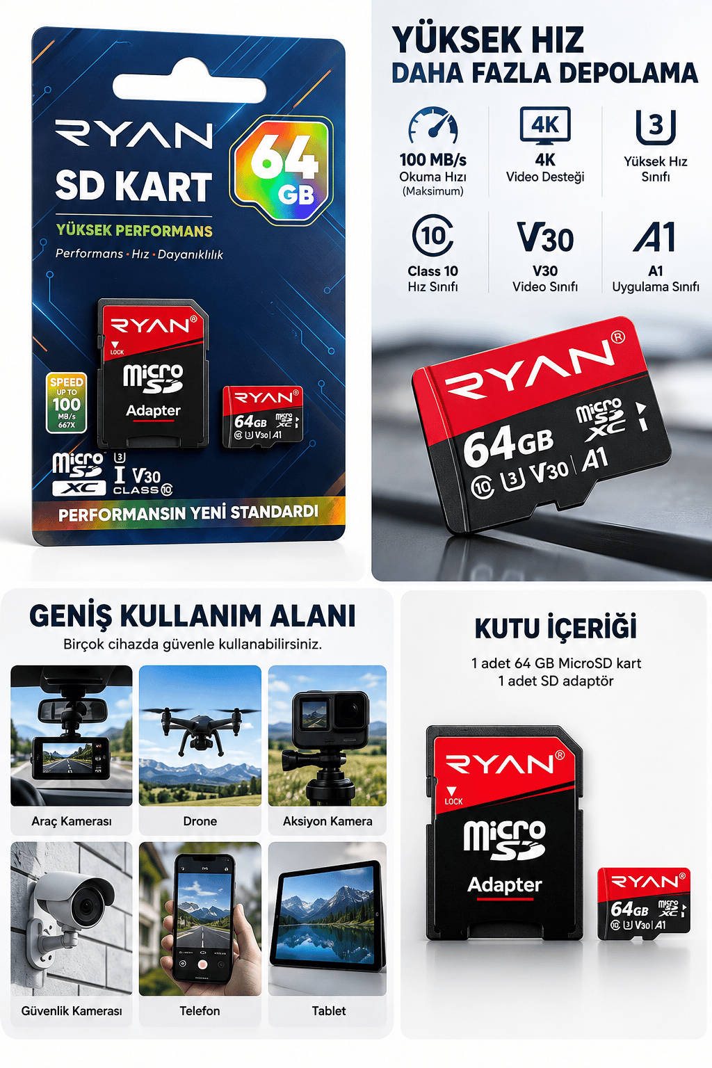 Premium 64 GB MicroSDXC Hafıza Kartı Class 10 U3 V30 A1 – 100 MB/s Okuma Hızı, 4K Destekli, SD Adaptörlü