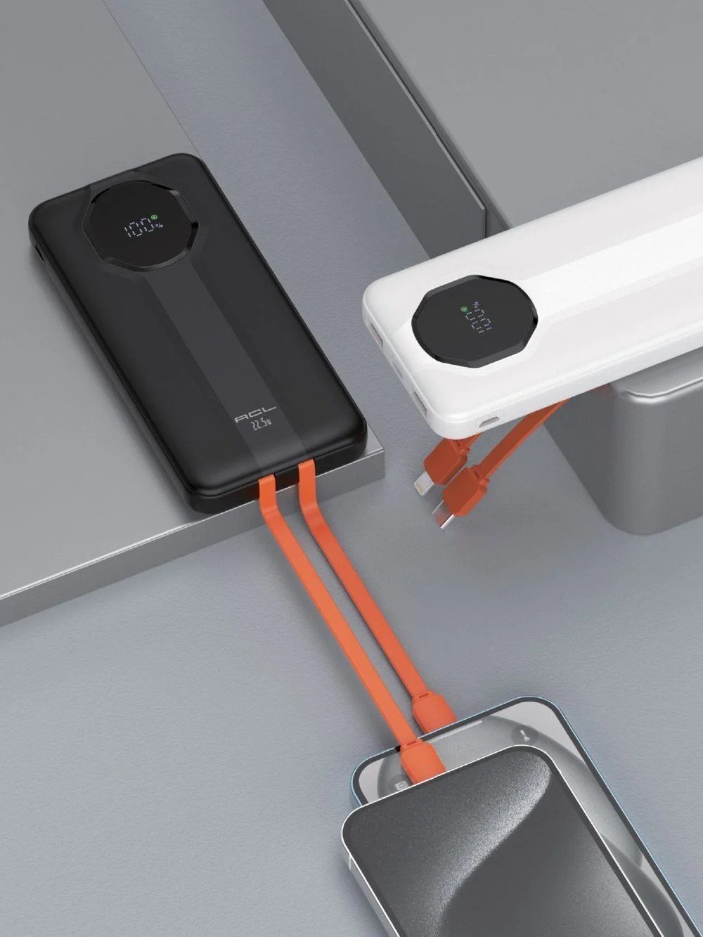 PW-106 10.000 mAh Powerbank 22.5W 3A Hızlı Şarj LCD Göstergeli Dahili Type-C Lightning Kablolu USB-C Giriş Çıkış Siyah