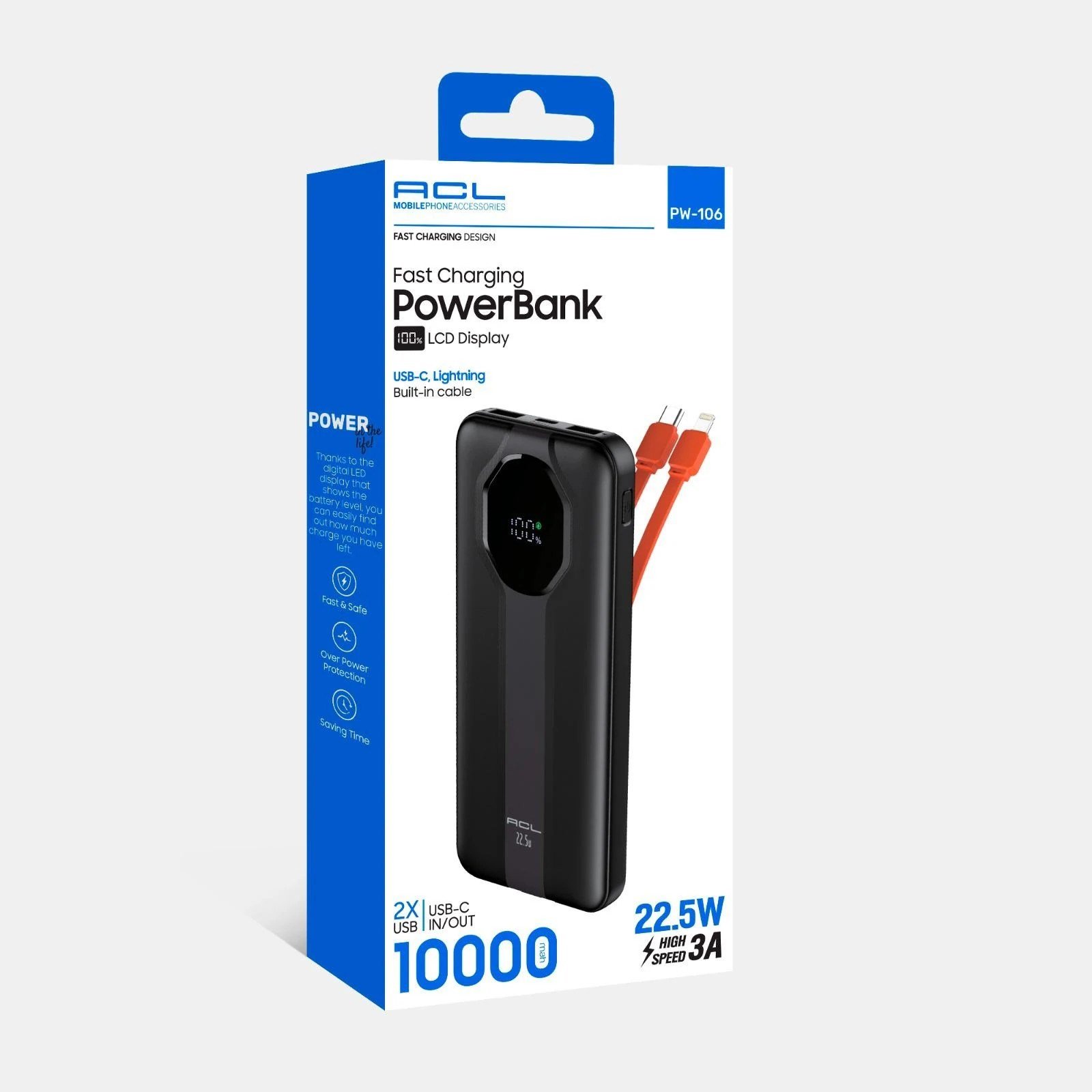 PW-106 10.000 mAh Powerbank 22.5W 3A Hızlı Şarj LCD Göstergeli Dahili Type-C Lightning Kablolu USB-C Giriş Çıkış Siyah
