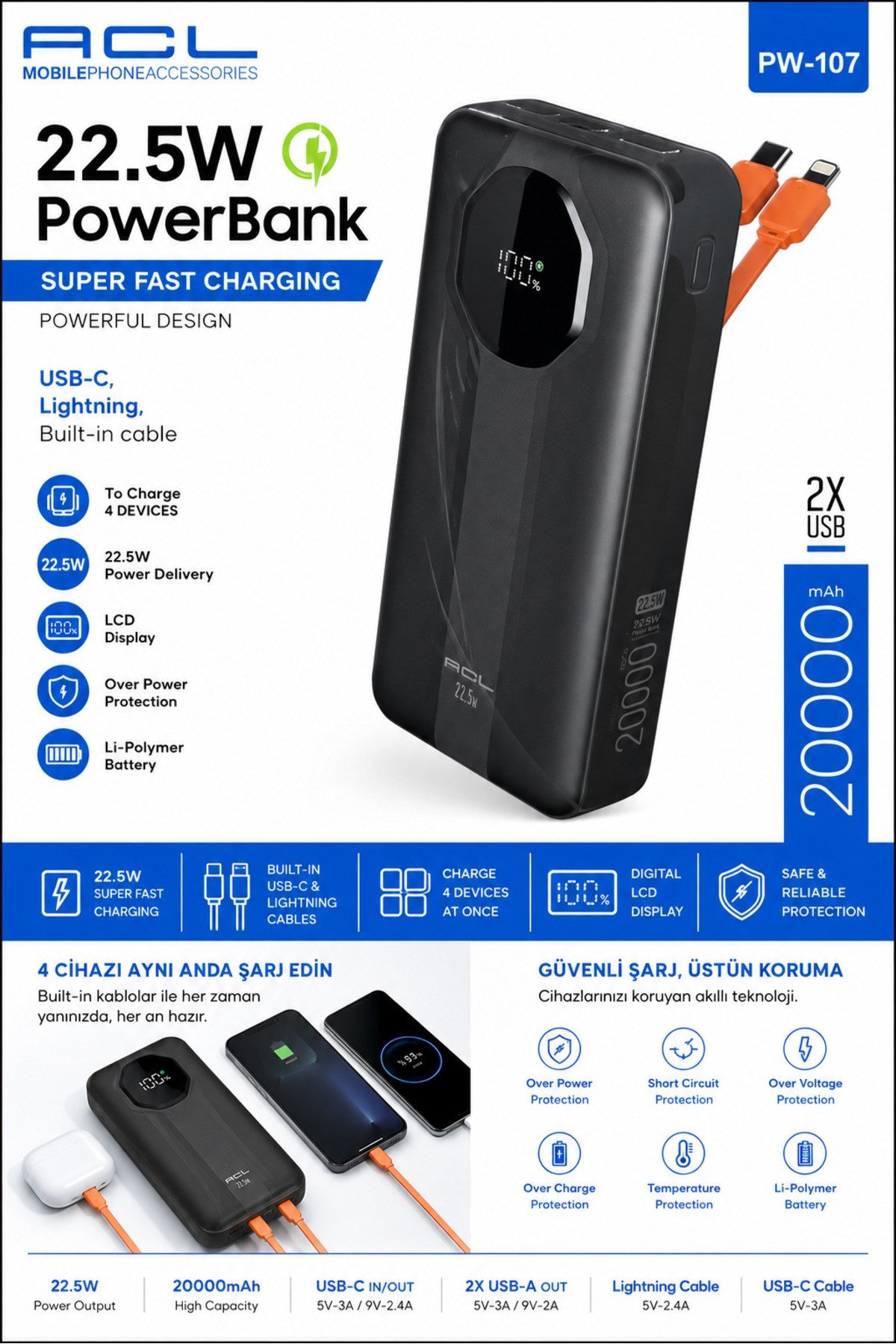 PW-107 20.000 mAh Powerbank 22.5W Hızlı Şarj Dahili Type-C Lightning Kablolu LCD Göstergeli 2 USB Siyah