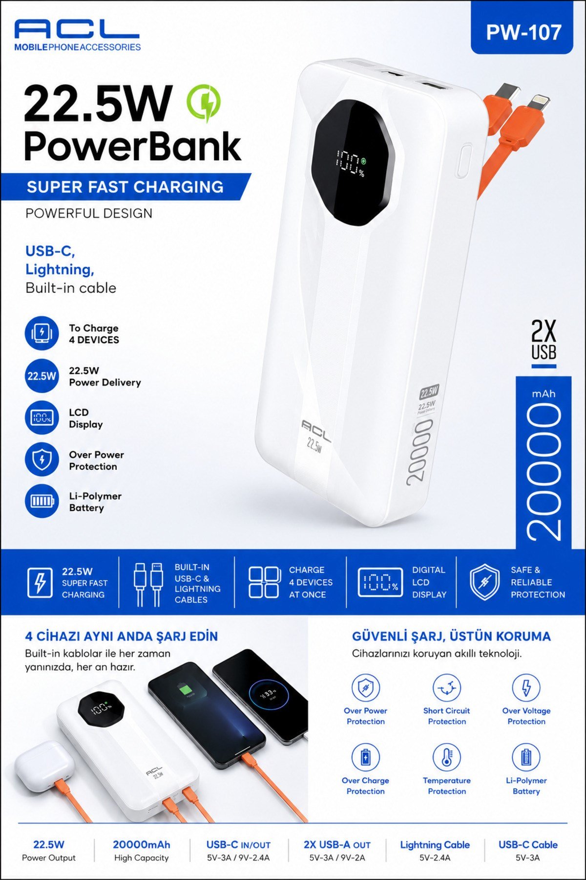 PW-107 20.000 mAh Powerbank 22.5W Hızlı Şarj Dahili Type-C Lightning Kablolu LCD Göstergeli 2 USB Beyaz