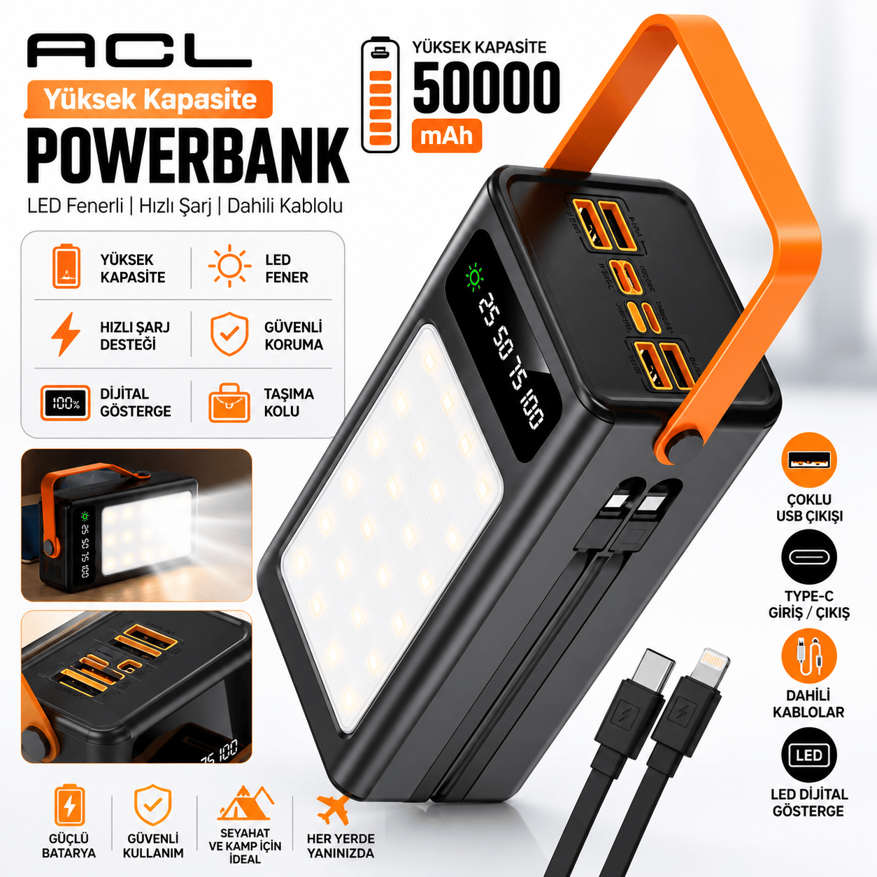 PW-125 50.000 mAh Solar Powerbank Güneş Enerjili Dahili Kablolu LED Fenerli Type-C USB Taşınabilir Şarj Cihazı
