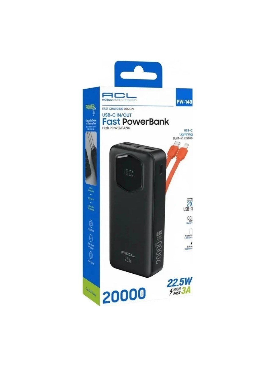 PW-140 20.000 mAh Powerbank 22.5W Hızlı Şarj 3A Dahili Type-C Lightning Kablolu Dijital Göstergeli 2 USB