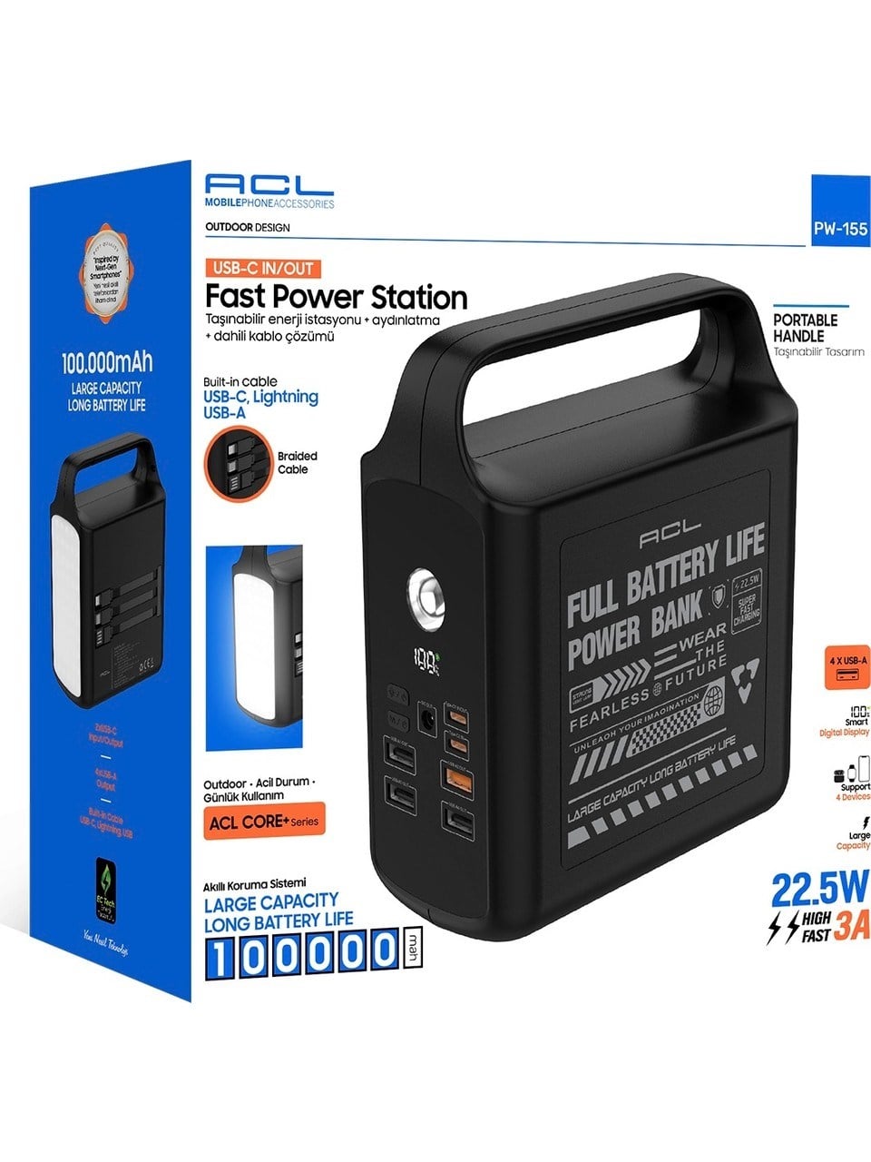 PW-155 100.000mAh Taşınabilir Enerji İstasyonu Powerbank 22.5W Hızlı Şarj Dahili Lightning Type-C Kablolu 4 USB Dijital Ekranlı LED Kamp Feneri